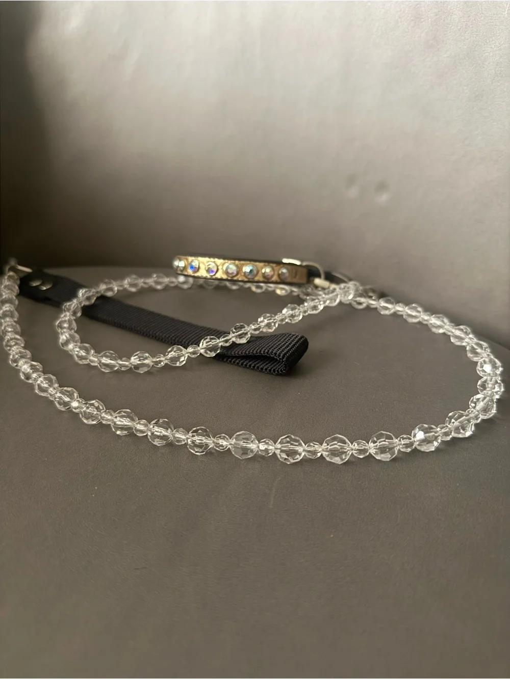 Crystal Beaded Dog Leash with Black Ribbon Handle